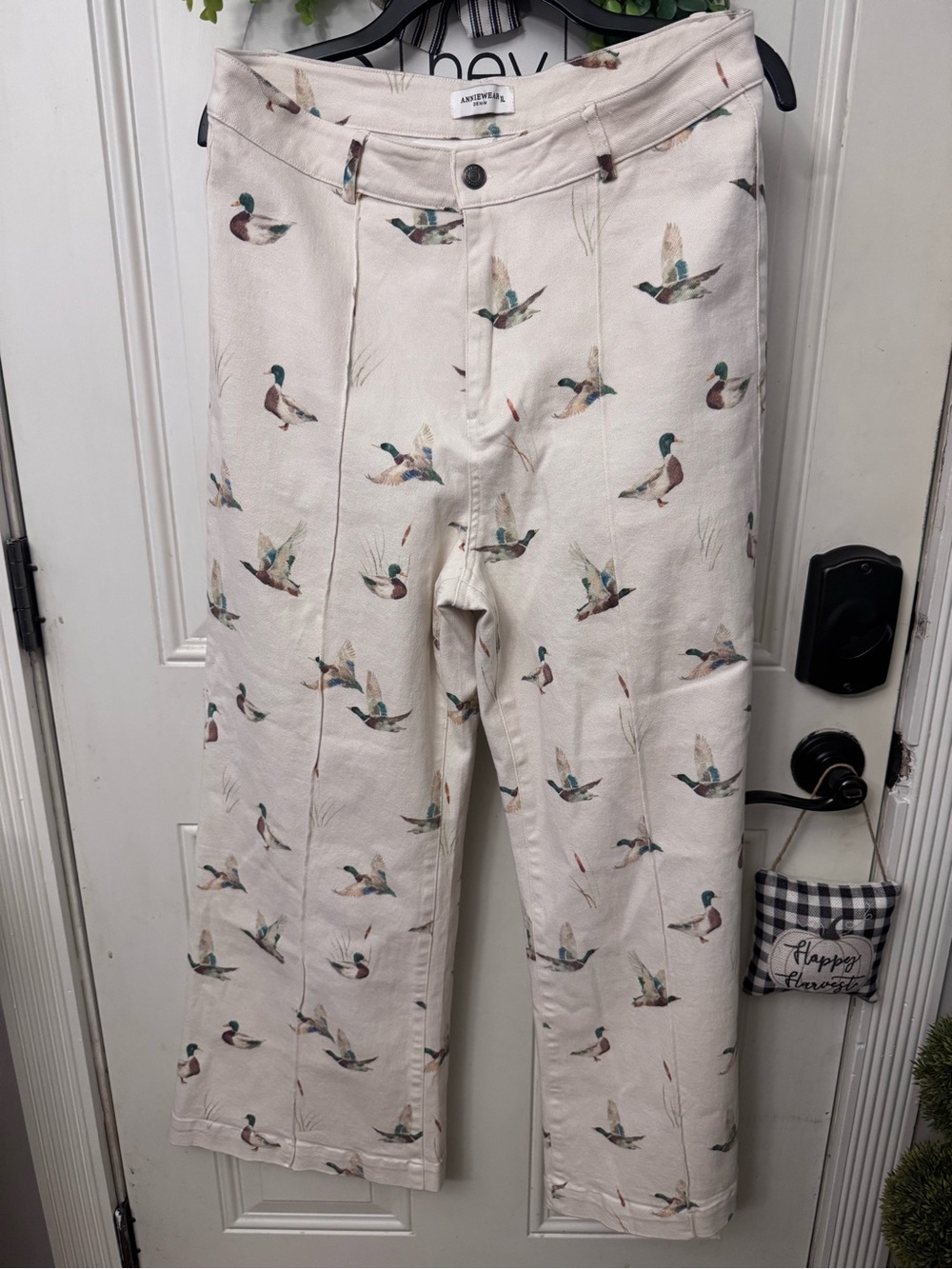 Anniewear Women's Cream Denim Duck Print Wide Leg Stretch Jeans Slightly Crop XL